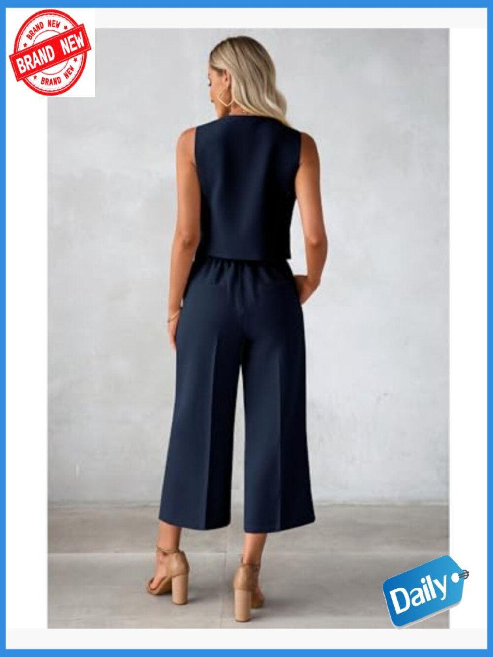 Women's 2 Piece Sleeveless Vest & Wide Leg Capri Pant Suit Set Dressy Casual - Picture 2 of 7